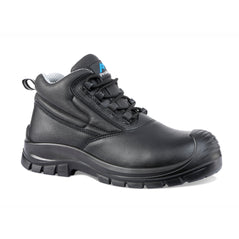 Black Safety Boot with laces, sole, scuff cap, ankle support and stitching pattern on side.