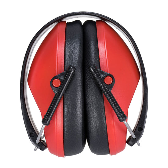 Red portwest slim ear muff. Ear muff has black headband and black padding around the ears.