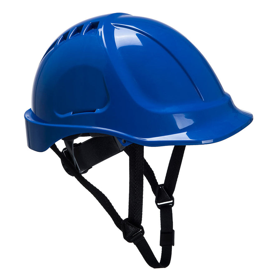 Blue endurance plus hard hat with black chin straps.