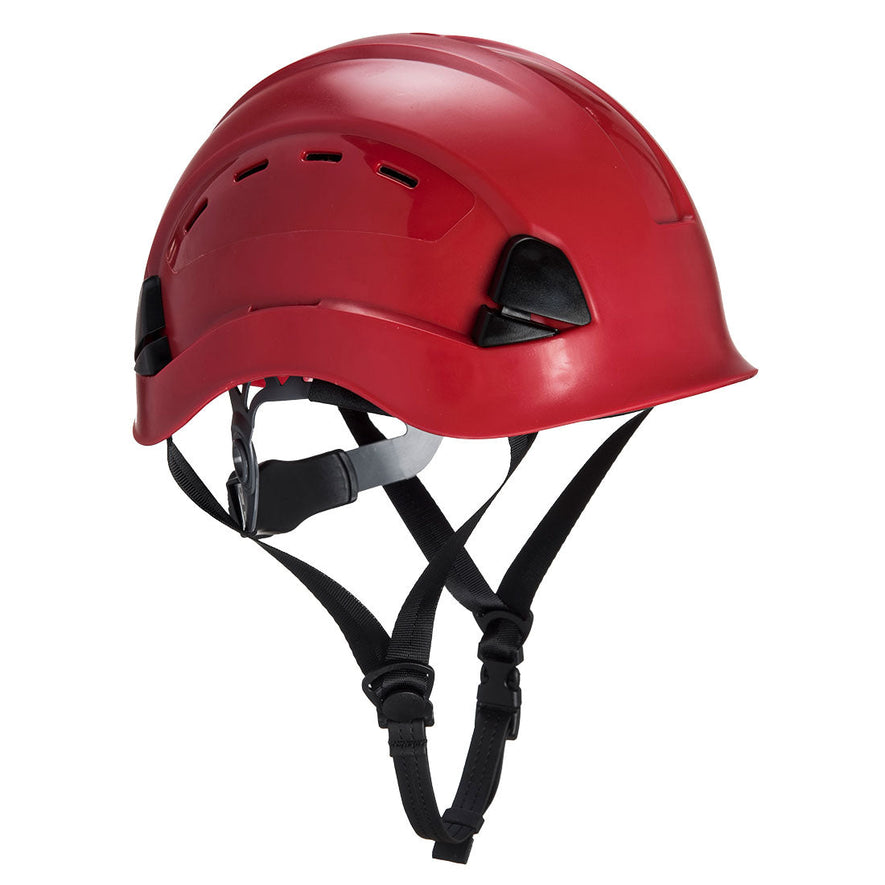 Red Height endurance mountanieer hard hat with black chin straps.