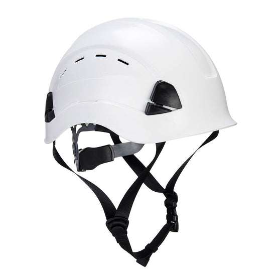 White Height endurance mountanieer hard hat with black chin straps.