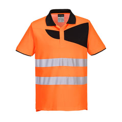 Orange Hi-Vis PW2 polo shirt with short sleeves and black detail on chest collar and sleeve