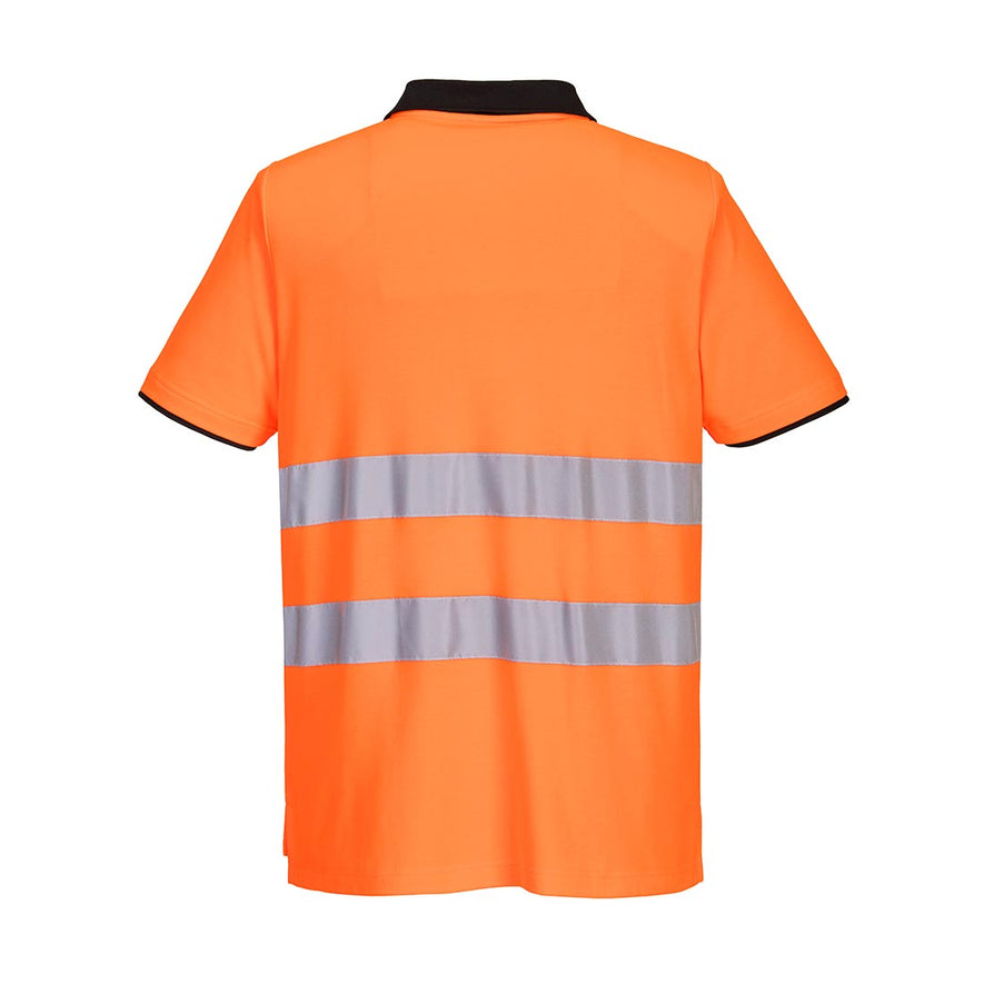 Orange Hi-Vis PW2 polo shirt with short sleeves and black detail on chest collar and sleeve