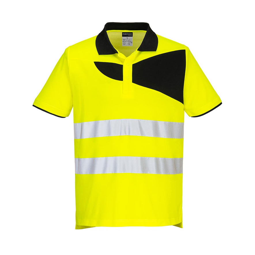 Yellow Hi-Vis PW2 polo shirt with short sleeves and black detail on chest collar and sleeve