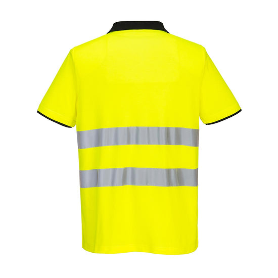 Yellow Hi-Vis PW2 polo shirt with short sleeves and black detail on chest collar and sleeve