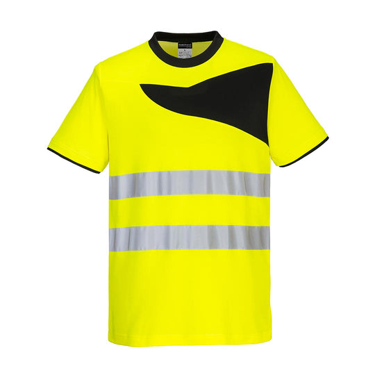 Yellow Hi-Vis PW2 t-shirt with short sleeves and black detail on chest collar and sleeve