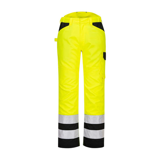 Yellow PW2 Hi-Vis service trouser with cargo pocket and details on waist and ankles in black