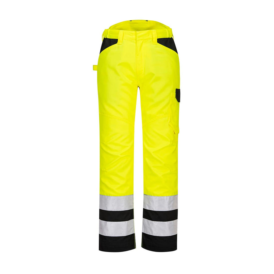 Yellow PW2 Hi-Vis service trouser with cargo pocket and details on waist and ankles in black