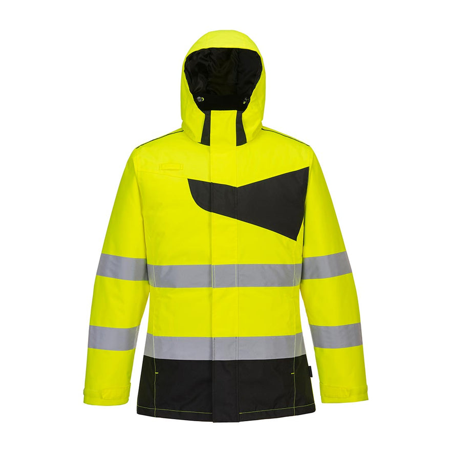 PW2 Hi-Vis hooded Winter Jacket in yellow with chest details black and reflective strips across middle/bottom