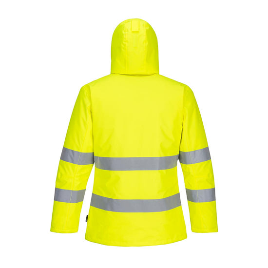 PW2 Hi-Vis hooded Winter Jacket in yellow with chest details black and reflective strips across middle/bottom