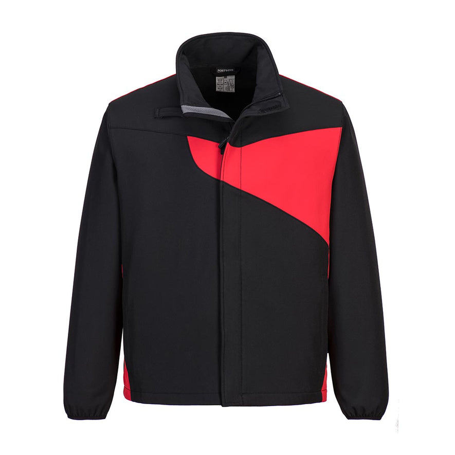 PW2 softshell Jacket in black with chest details in red across chest and back