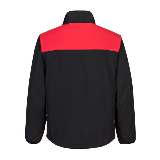 PW2 softshell Jacket in black with chest details in red across chest and back