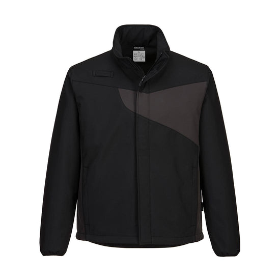 PW2 softshell Jacket in black with chest details in zoom grey across chest and back