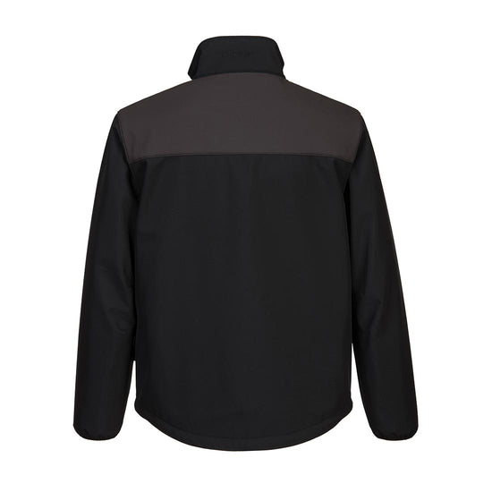 PW2 softshell Jacket in black with chest details in zoom grey across chest and back