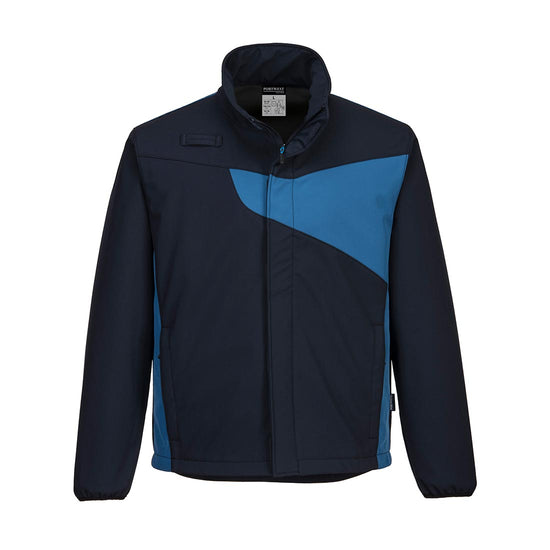 PW2 softshell Jacket in navy with chest details in royal blue across chest and back