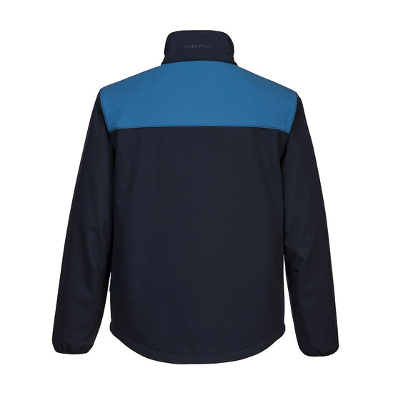 PW2 softshell Jacket in navy with chest details in royal blue across chest and back