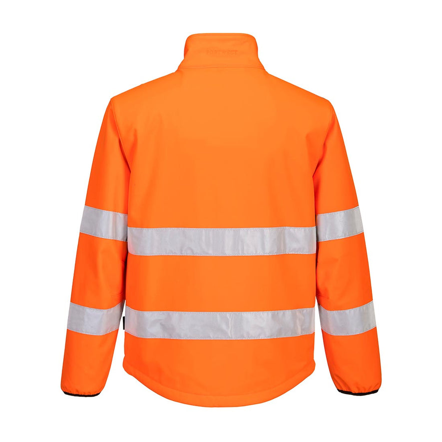 PW2 Hi-Vis Softshell 2L in Orange with chest details in black across chest and back with reflective strips