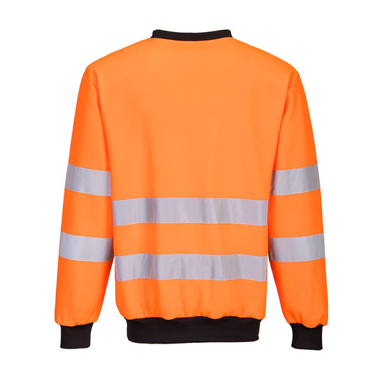 PW2 Hi-Vis crew neck sweatshirt 2L in orange with chest details in black detail across chest, collar and back with reflective strips