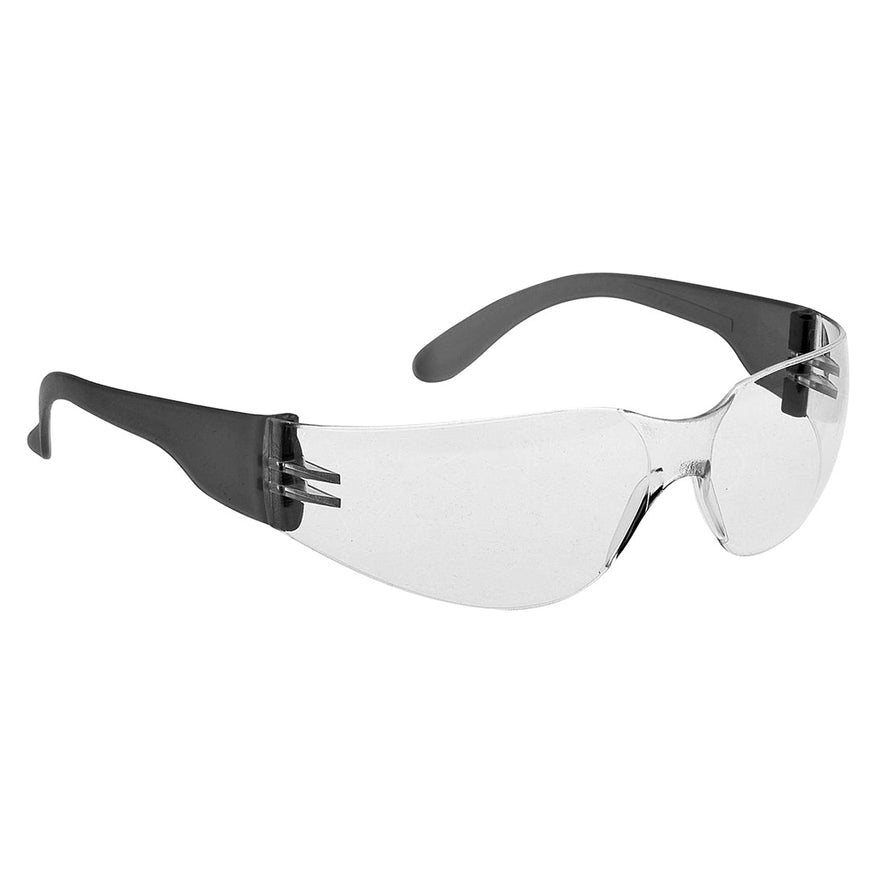 Clear lens portwest wrap around safety spectacle. Spectacle has Black arms and clear frame.