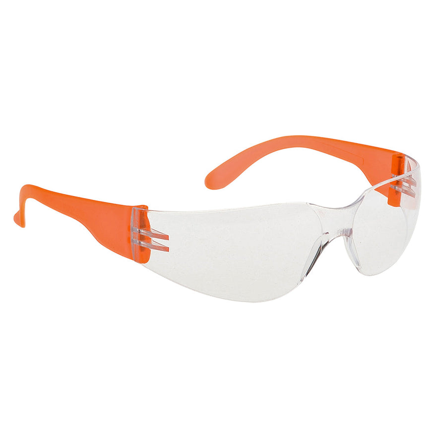Clear lens portwest wrap around safety spectacle. Spectacle has orange arms and clear frame.