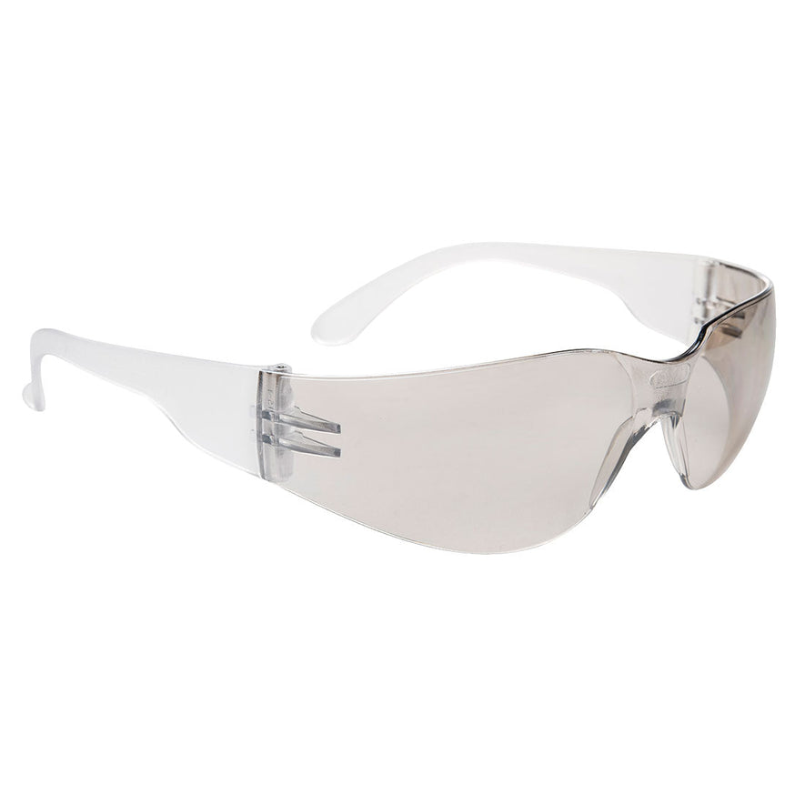 Mirrored lens portwest wrap around safety spectacle. Spectacle has clear arms and clear frame.