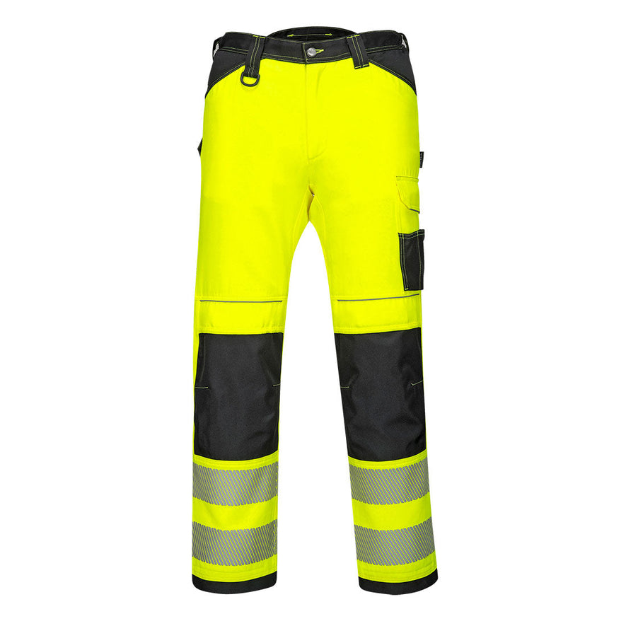 PW3 Hi-Vis work trouser in Yellow with black contrast on the belt and pocket area as well as the kneepad pocket area. Trousers have pockets, belt loops, knee pad pockets. Trousers have hi vis bands on the ankles.