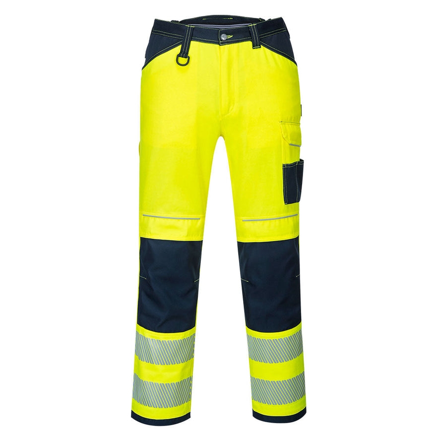 PW3 Hi-Vis work trouser in Yellow with Navy contrast on the belt and pocket area as well as the kneepad pocket area. Trousers have pockets, belt loops, knee pad pockets. Trousers have hi vis bands on the ankles.