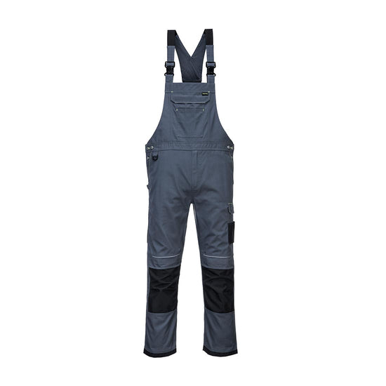 Zoom Grey PW3 work bib and brace with large chest pocket and visible tool loops on the legs. Bib and brace has white trim on the stitching for contrast through out. Brace also has black knee pad pockets.