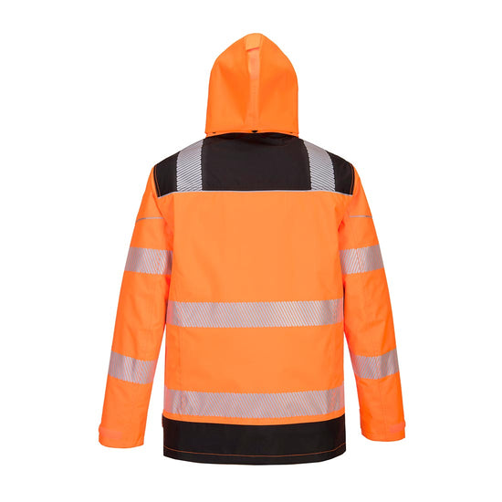 PW3 Hi-Vis 5-in-1 Jacket with hood and 10 pockets and black trim around shoulders and pockets and reflective strips 