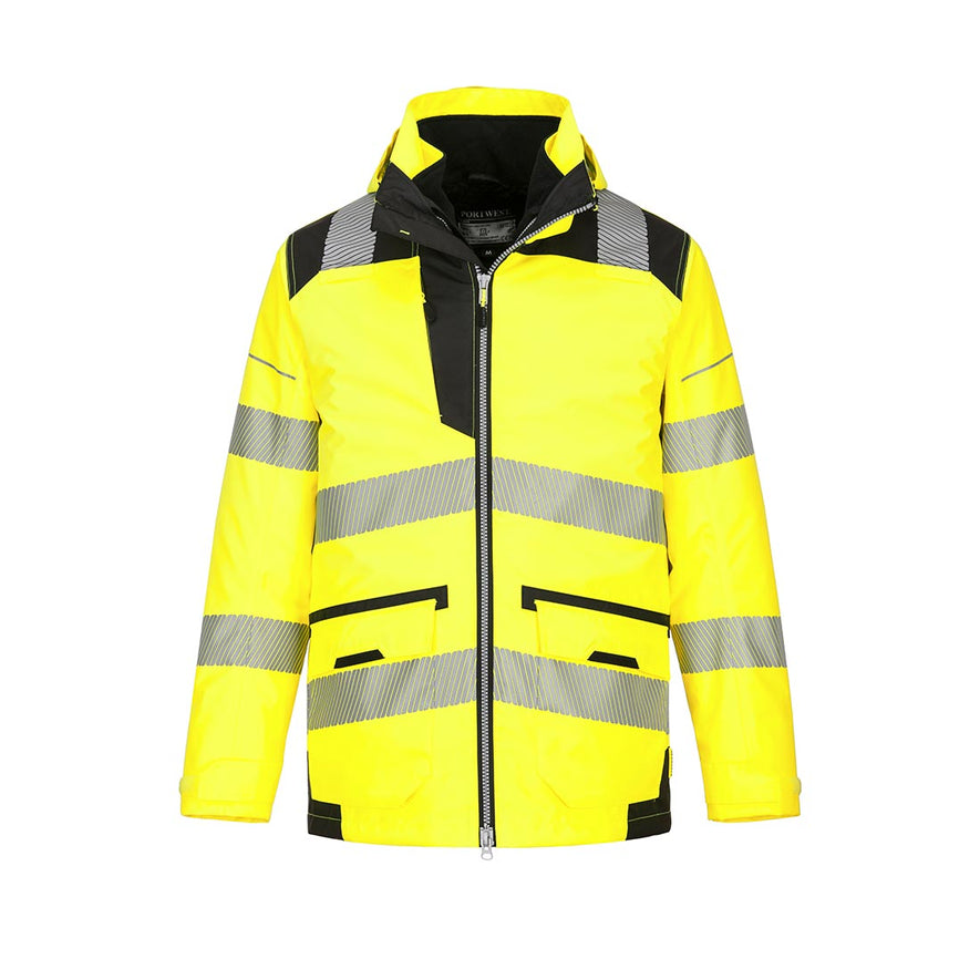 Yellow PW3 Hi-Vis 5-in-1 Jacket with hood and 10 pockets and black trim around shoulders and pockets and reflective strips 