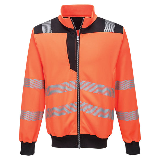 Orange Portwest PW3 full zip sweatshirt. Sweatshirt has hi vis bands on the middle of the body, shoulders and arms. Sweatshirt has black contrast on the shoulders, chest, neck, and bottom of the body and sleeves.