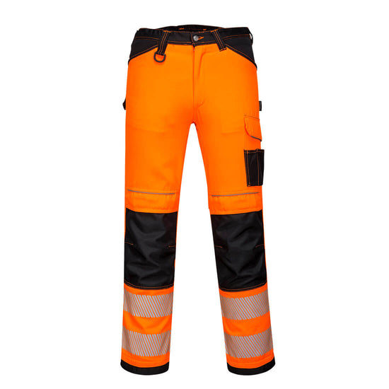 PW3 Hi-Vis Ladies stretch work trouser in Orange with black contrast on the belt and pocket area as well as the kneepad pocket area. Trousers have pockets, belt loops, knee pad pockets. Trousers have hi vis bands on the ankles.