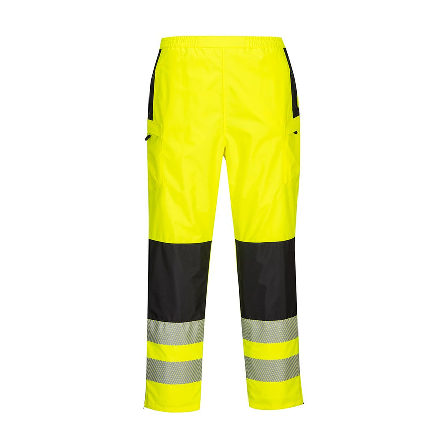 PW3 Hi-Vis Women's Rain Trouser in yellow with black shin detail and reflective strips