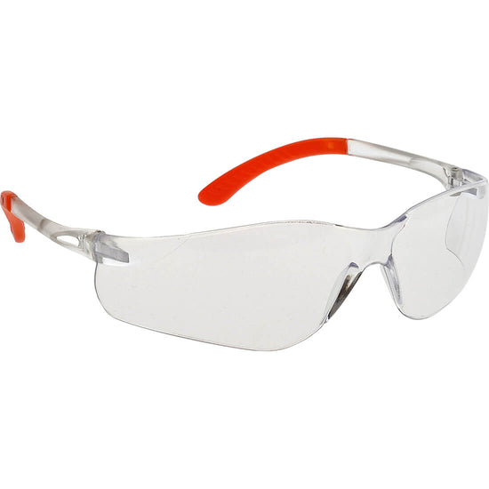 Clear portwest pan view safety spectacles. Spectacles have orange and clear arms, clear nose padding as well as clear lenses.