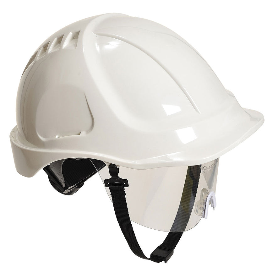 White endurance plus hard hat with clear visor. hard hat has black chin straps.