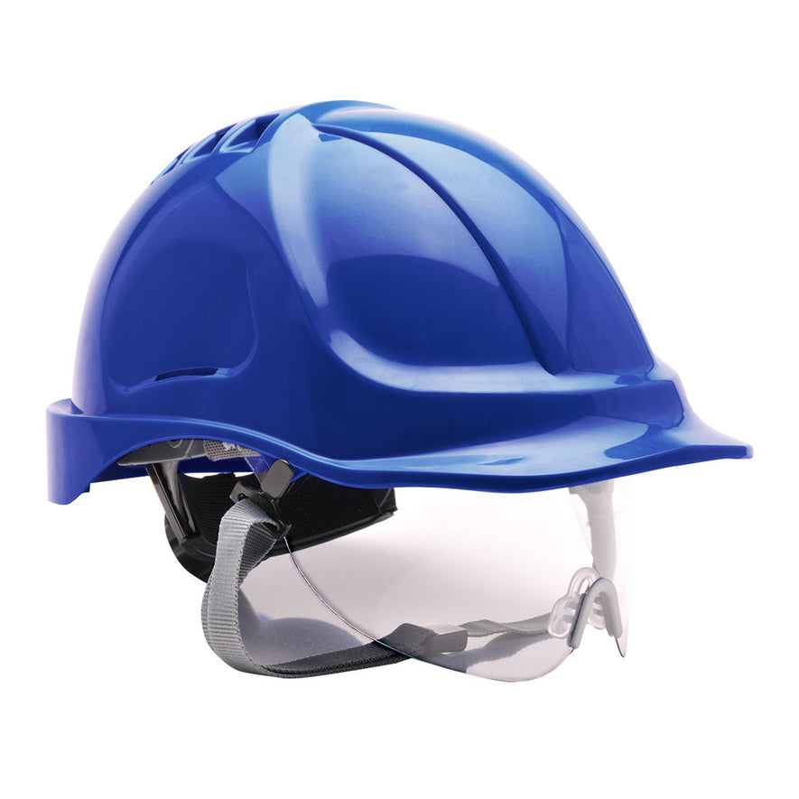 Blue endurance hard hat with clear visor. hard hat has black chin straps.