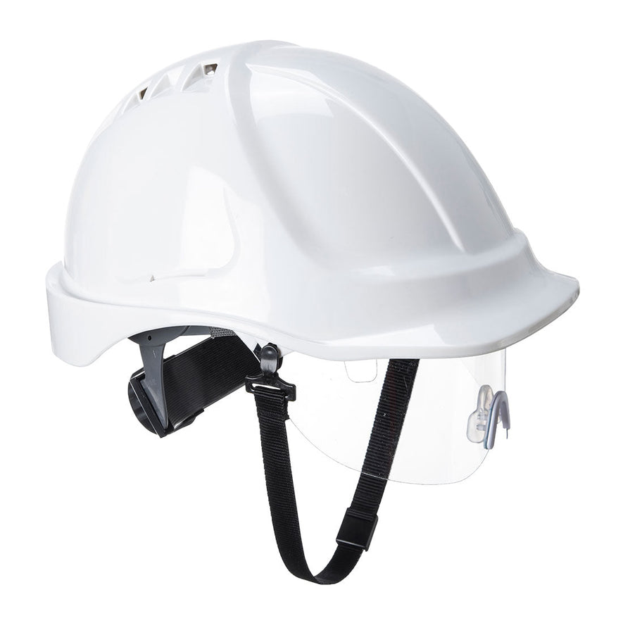 White endurance hard hat with clear visor. hard hat has black chin straps.