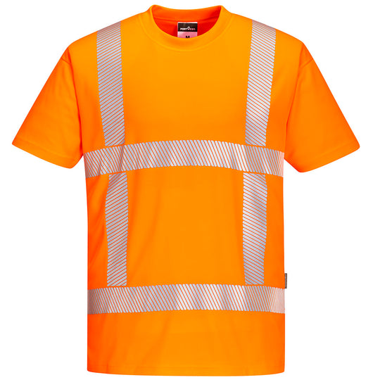 Portwest RWS Hi-Vis crew neck T-Shirt in orange with short sleeves and reflective strips on shoulders and front.