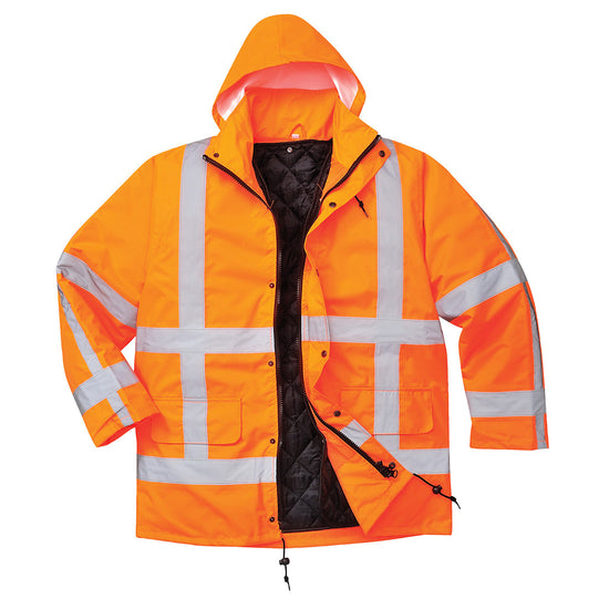 Orange Portwest Hi vis RWS Traffic jacket with two hi vis waist bands and shoulder bands. Pop button fasten with waist pockets and visible hood.