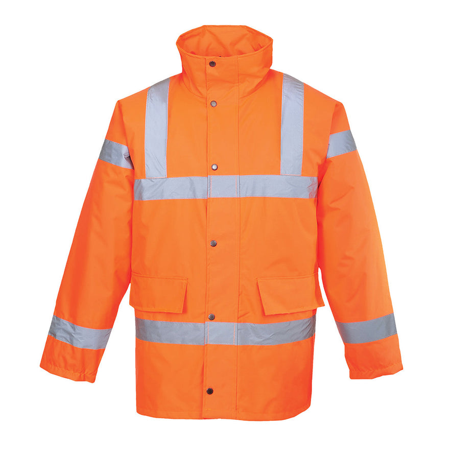 Orange Hi-Vis Traffic Jacket with buttons and large pockets with reflective strips