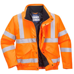 Hi-Vis Bomber Jacket RIS in Orange with two waist bands and shoulder bands. Pop button fasten with waist pockets and visible hood.