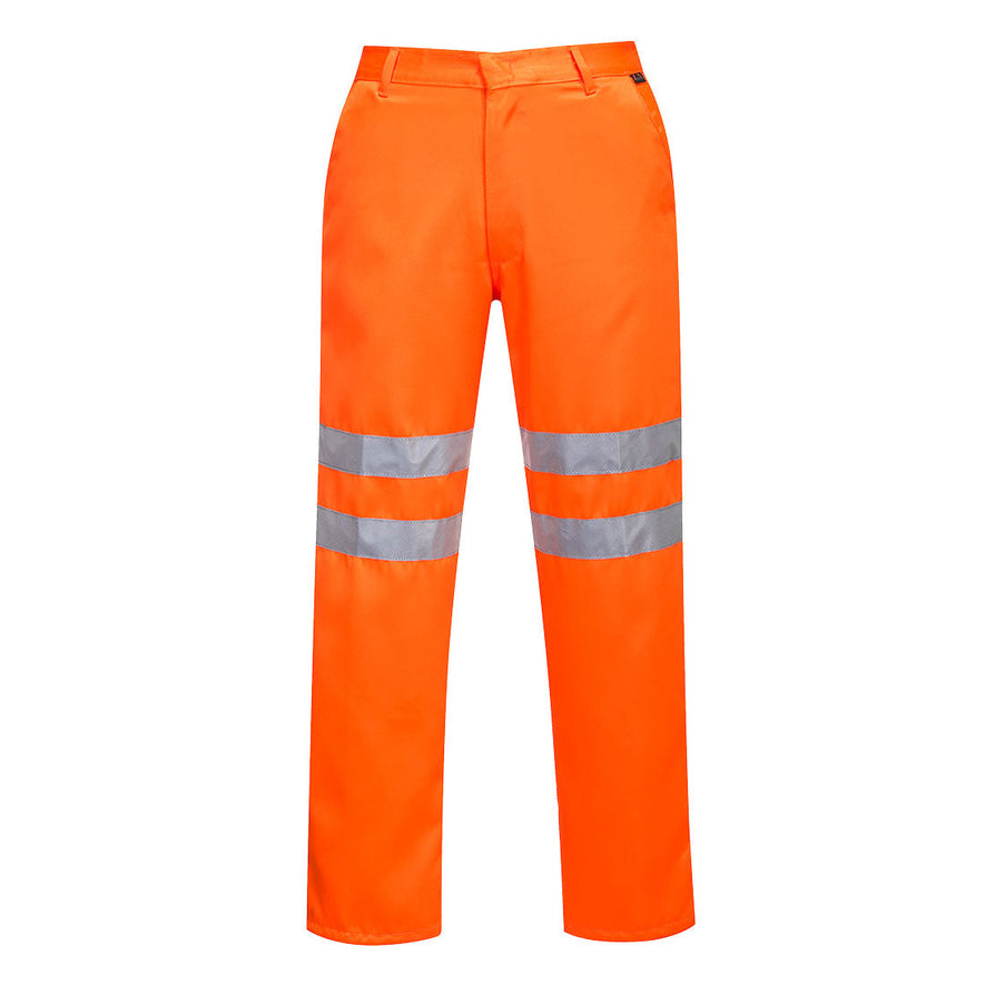 Orange hi vis poly-cotton trousers. Hi vis bands the knee of the trousers.