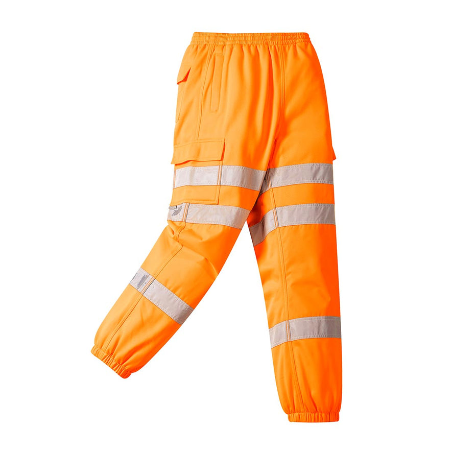 Orange Hi-Vis Jogging Bottoms with cargo pockets and reflective strips across middle and shins