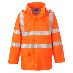 Orange Portwest Sealtex Ultra Hi vis unlined jacket. Jacket has Hi vis strips along the waist arms and shoulders. Visible hood and two lower pockets.