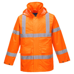 Orange Hi vis lite traffic jacket with two waist bands and shoulder bands. Zip and Pop button fasten with waist pockets and visible hood.