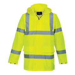 Yellow Hi vis lite traffic jacket with two waist bands and shoulder bands. Zip and Pop button fasten with waist pockets and visible hood.