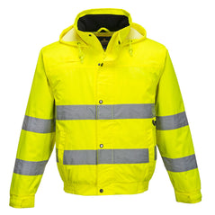 Yellow Hi vis lightweight bomber jacket with two waist bands and shoulder bands. Pop button fasten with waist pockets and visible hood.