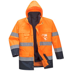 Orange Hi vis lite three in one contrast jacket with two waist bands. Zip and Pop button fasten with waist pockets, chest pockets, a phone pocket and id badge holder and visible hood. Jacket has navy contrast on the bottom of the jacket and arms.