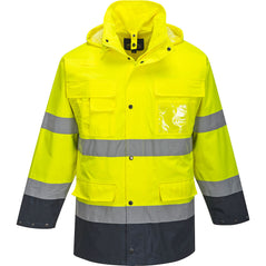 Yellow Hi vis lite three in one contrast jacket with two waist bands. Zip and Pop button fasten with waist pockets, chest pockets, a phone pocket and id badge holder and visible hood. Jacket has navy contrast on the bottom of the jacket and arms.