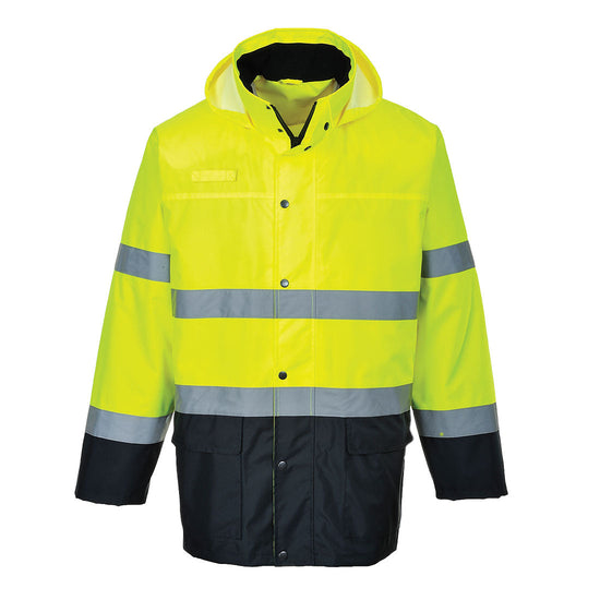 Yellow and navy two tone hi vis lite jacket with two waist bands and arm bands. Zip fasten with waist pockets, a chest pocket d ring loop and visible hood. Jacket has navy contrast on the bottom of the jacket and arms.